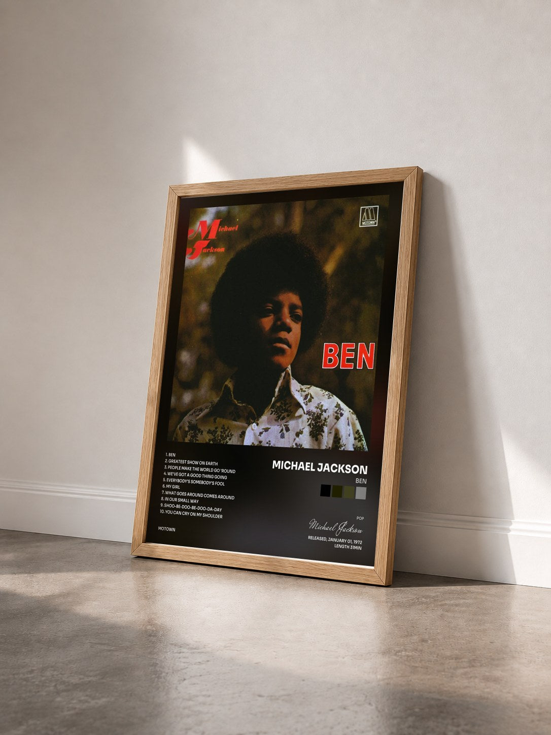 #bois Tableau de l'album Ben de Michael Jackson vu de trois quarts, cadre en bois brut