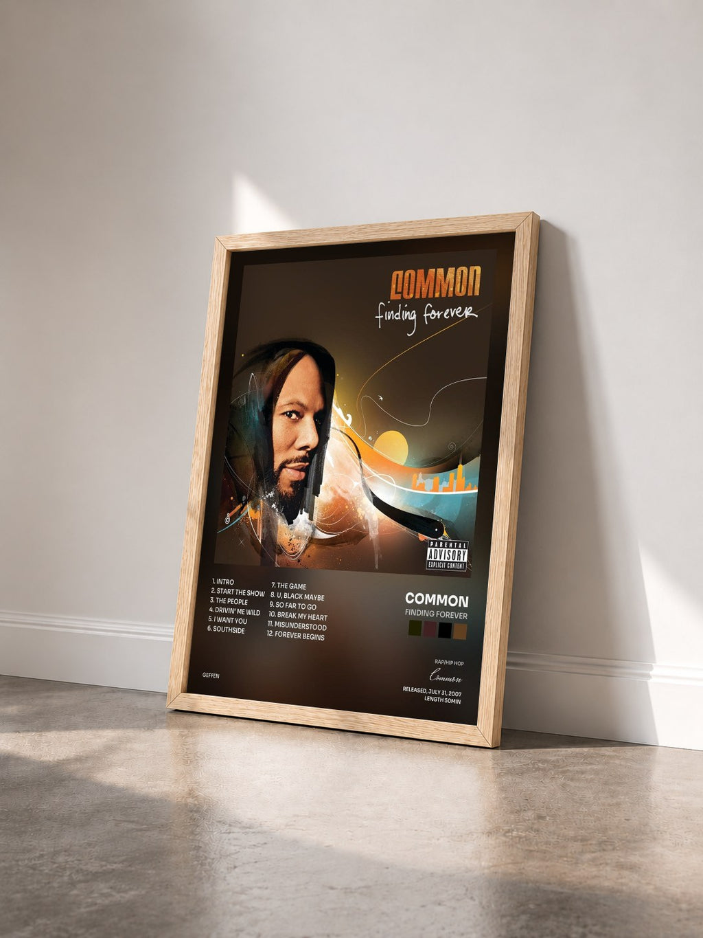 #bois Tableau de l'album Finding Forever de Common vu de trois quarts, cadre en bois brut