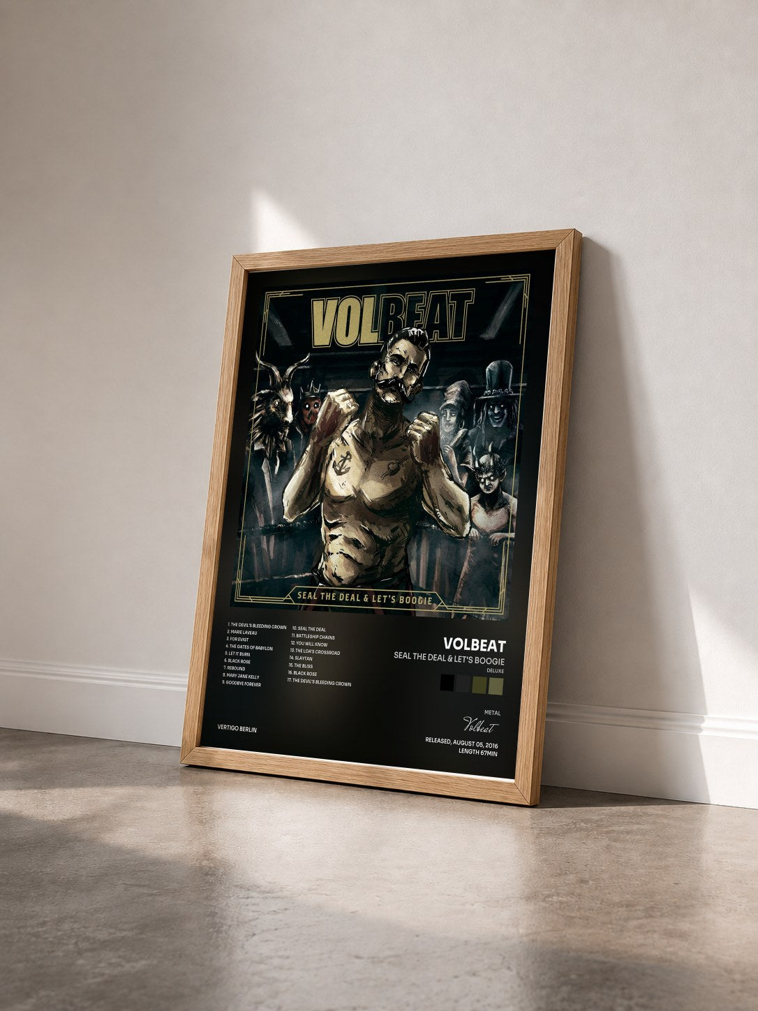 #bois Tableau de l'album Seal The Deal & Let's Boogie (Deluxe) de Volbeat vu de trois quarts, cadre en bois brut