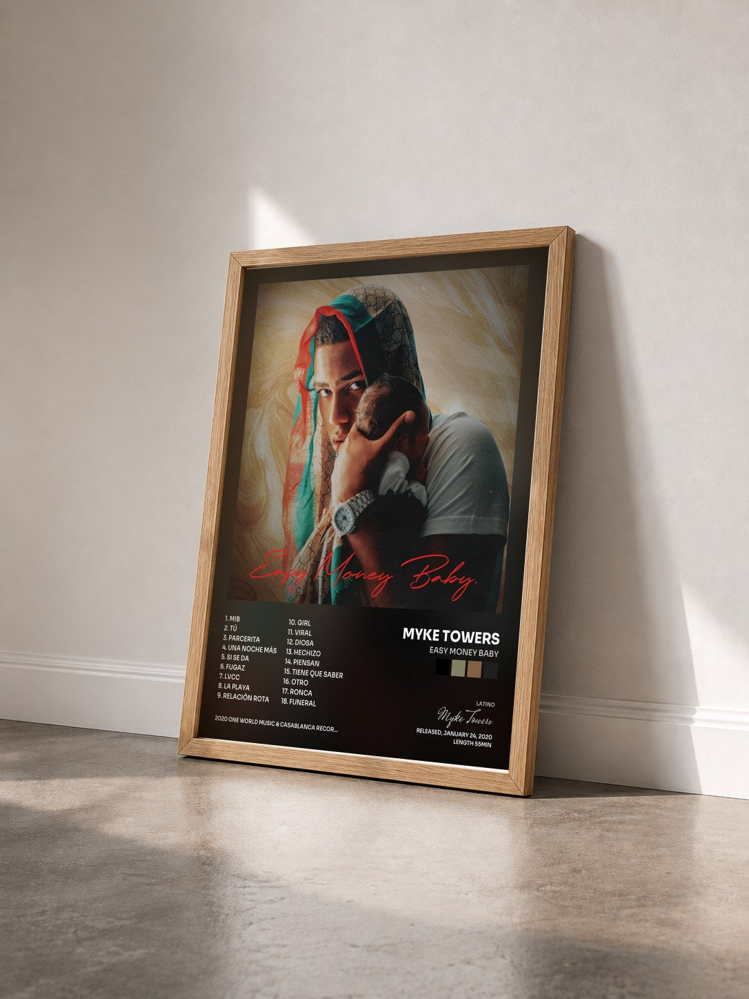 #bois Tableau de l'album Easy Money Baby de Myke Towers vu de trois quarts, cadre en bois brut