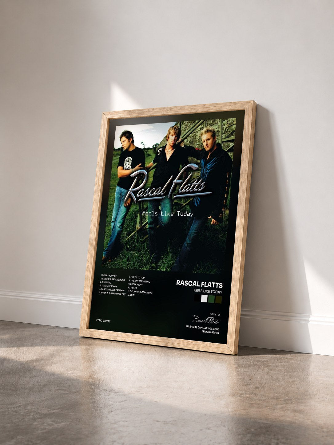 #bois Tableau de l'album Feels Like Today de Rascal Flatts vu de trois quarts, cadre en bois brut