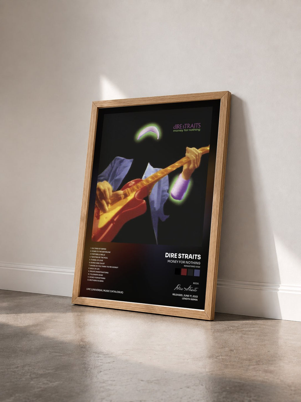 #bois Tableau de l'album Money For Nothing (Remastered 2022) de Dire Straits vu de trois quarts, cadre en bois brut