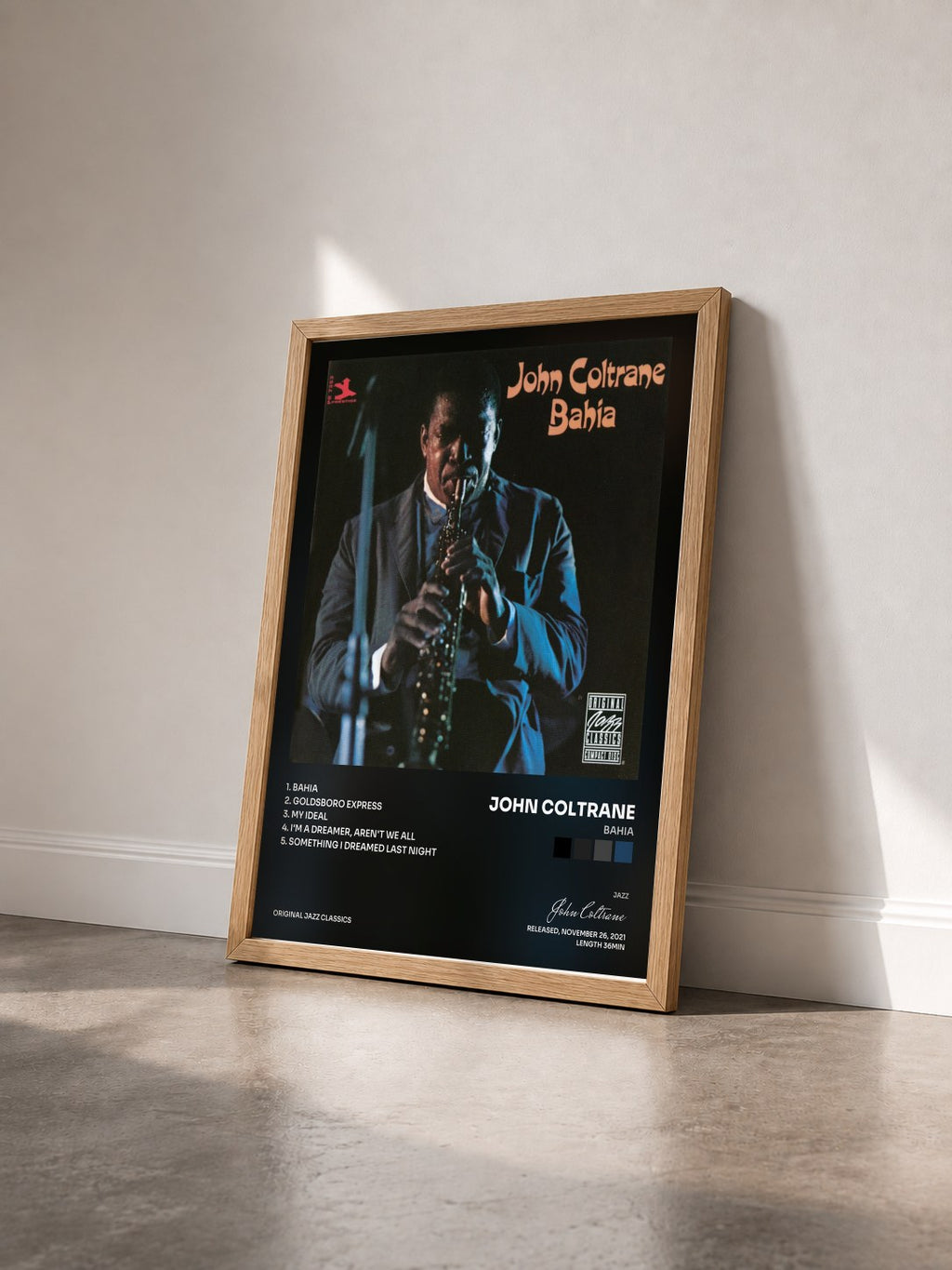 #bois Tableau de l'album Bahia de John Coltrane vu de trois quarts, cadre en bois brut