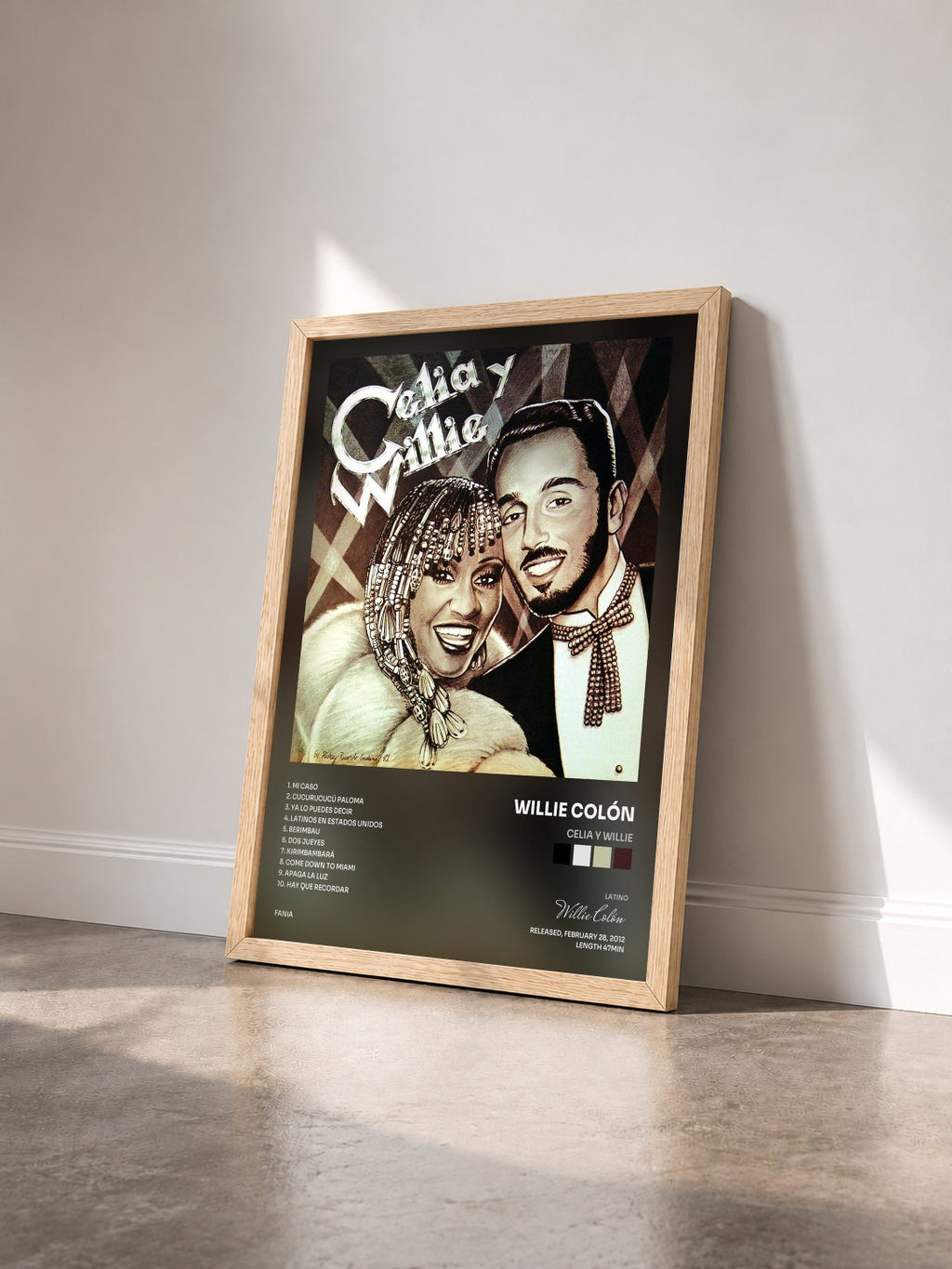 #bois Tableau de l'album Celia y Willie de Willie Colón vu de trois quarts, cadre en bois brut