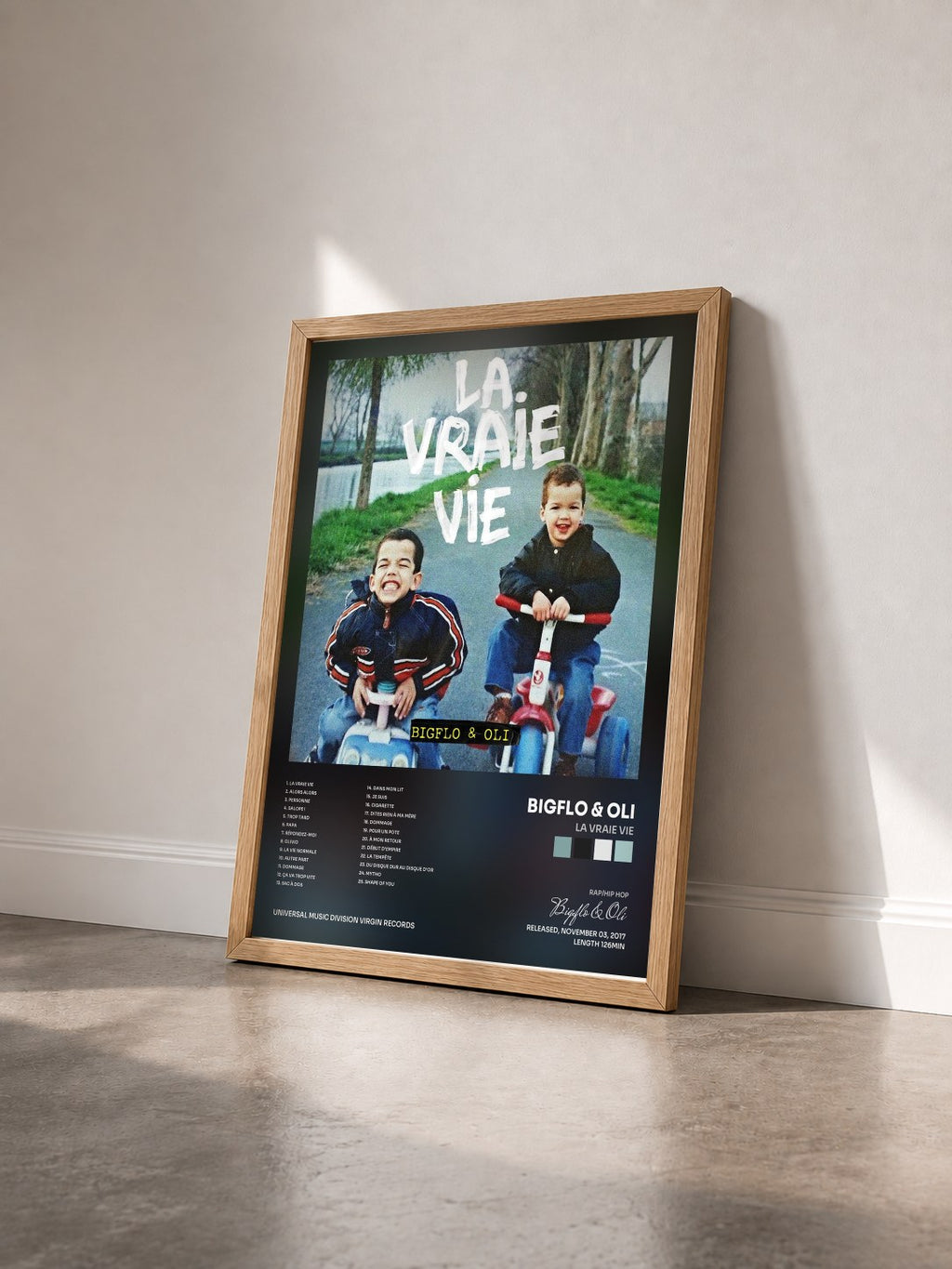 #bois Tableau de l'album La vraie vie de Bigflo & Oli vu de trois quarts, cadre en bois brut