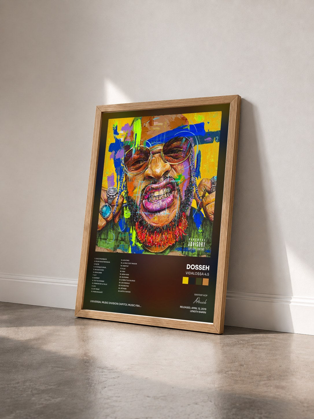 #bois Tableau de l'album Vidalo$$a 4.5 de Dosseh vu de trois quarts, cadre en bois brut