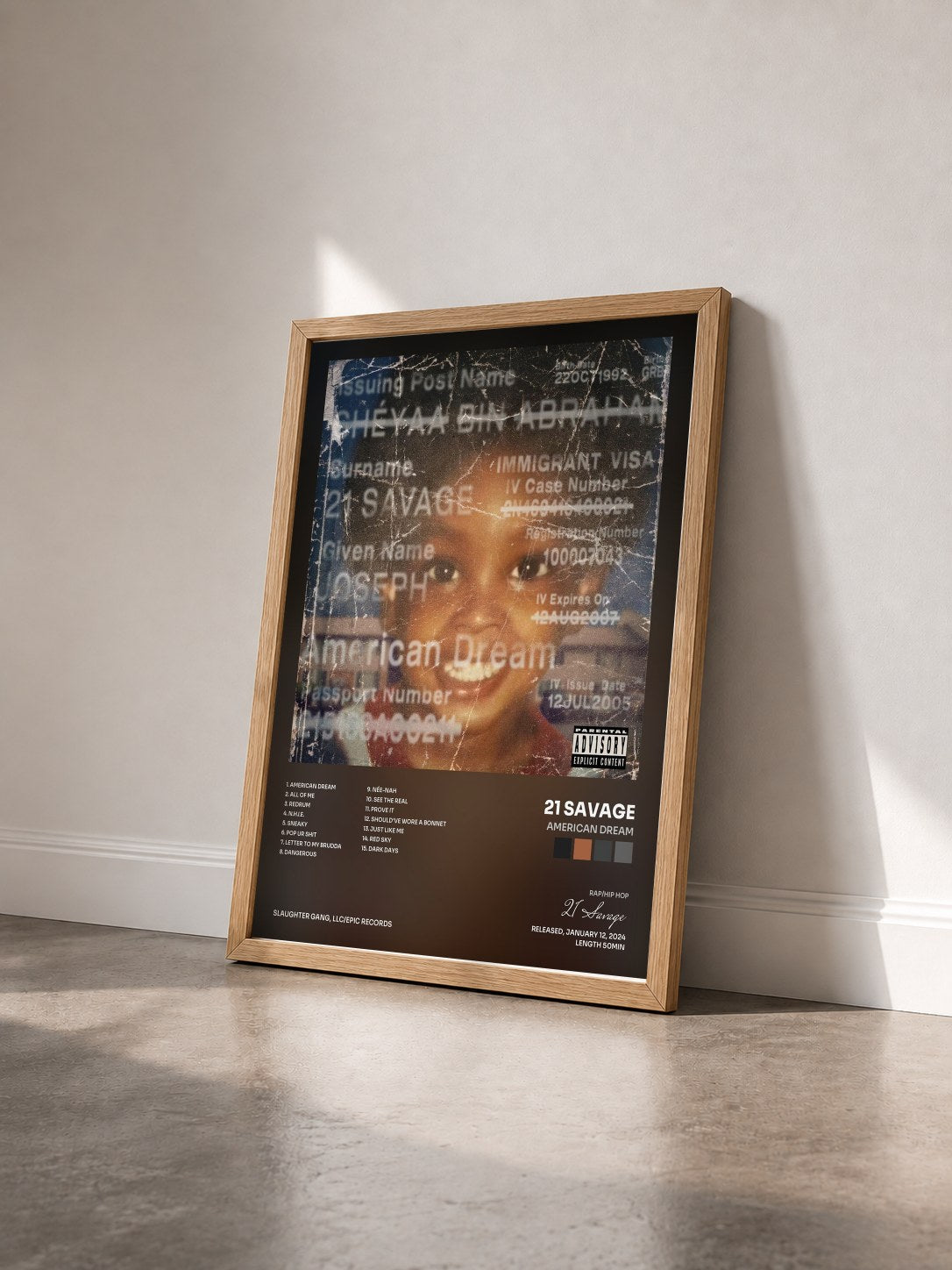 #bois Tableau de l'album american dream de 21 Savage vu de trois quarts, cadre en bois brut