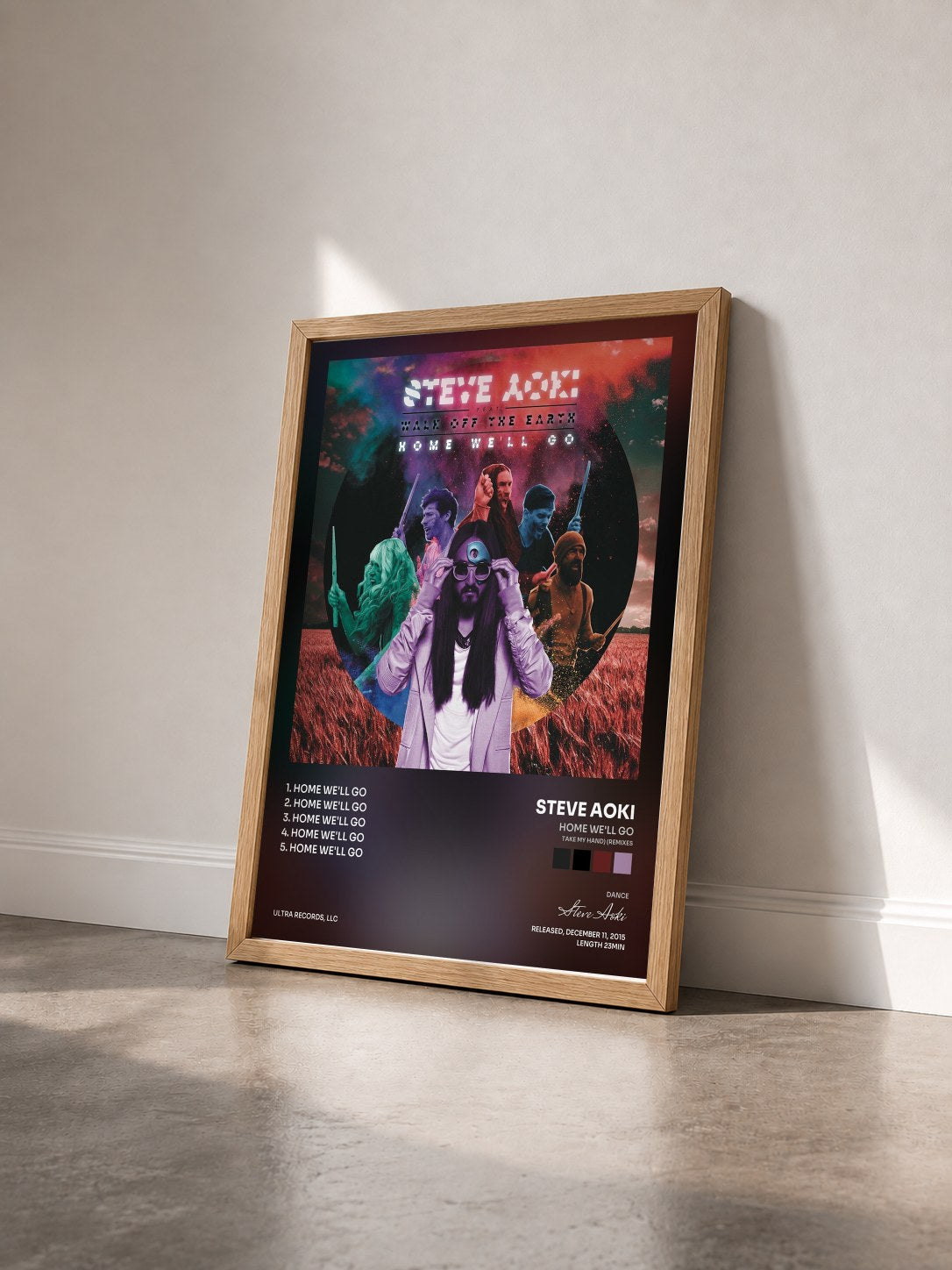 #bois Tableau de l'album Home We'll Go (Take My Hand) (Remixes) de Steve Aoki vu de trois quarts, cadre en bois brut