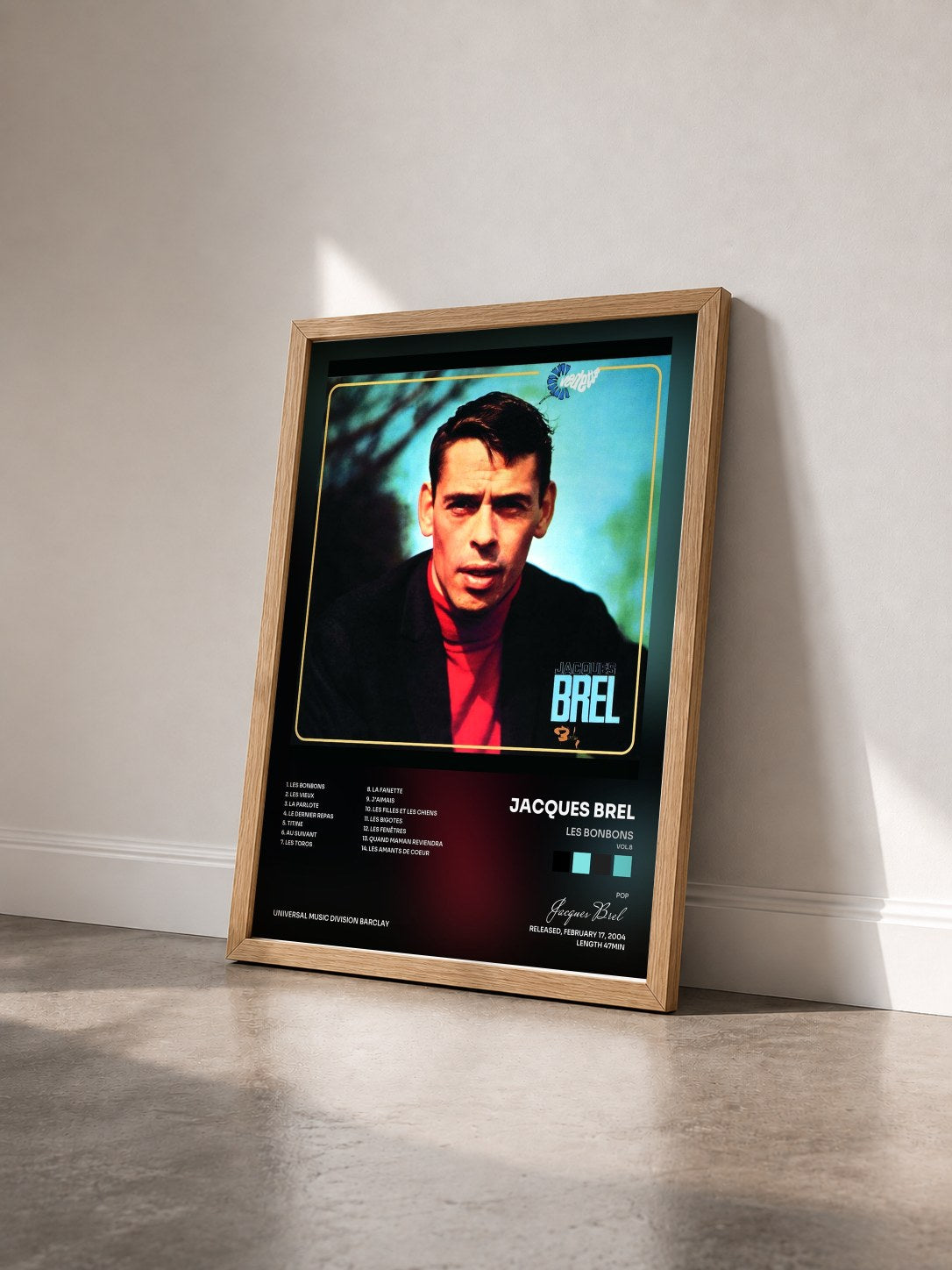 #bois Tableau de l'album Les Bonbons (Vol.8) de Jacques Brel vu de trois quarts, cadre en bois brut