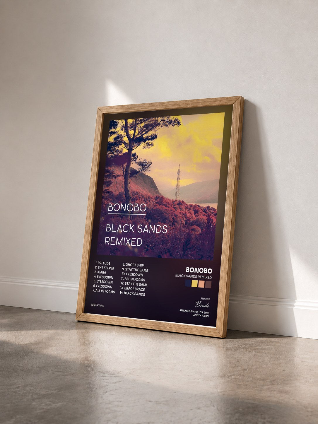 #bois Tableau de l'album Black Sands Remixed de Bonobo vu de trois quarts, cadre en bois brut