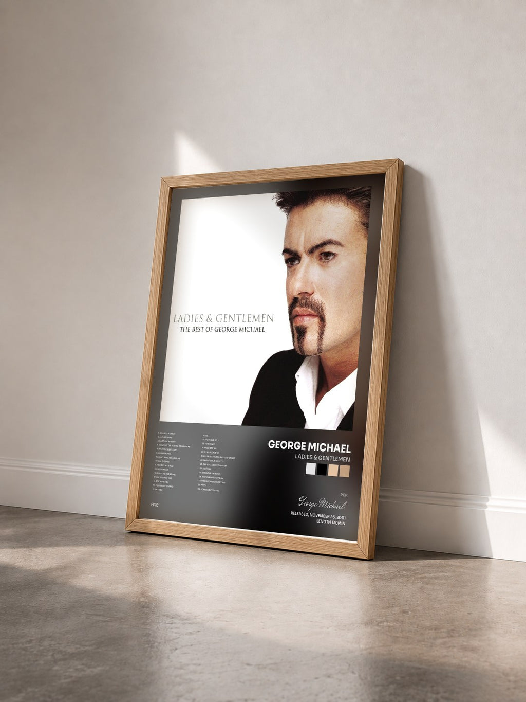 #bois Tableau de l'album Ladies & Gentlemen de George Michael vu de trois quarts, cadre en bois brut