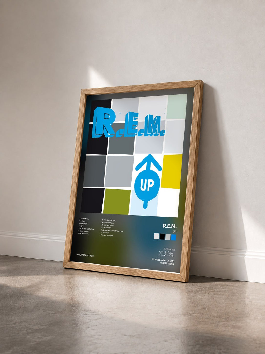 #bois Tableau de l'album Up de R.E.M. vu de trois quarts, cadre en bois brut