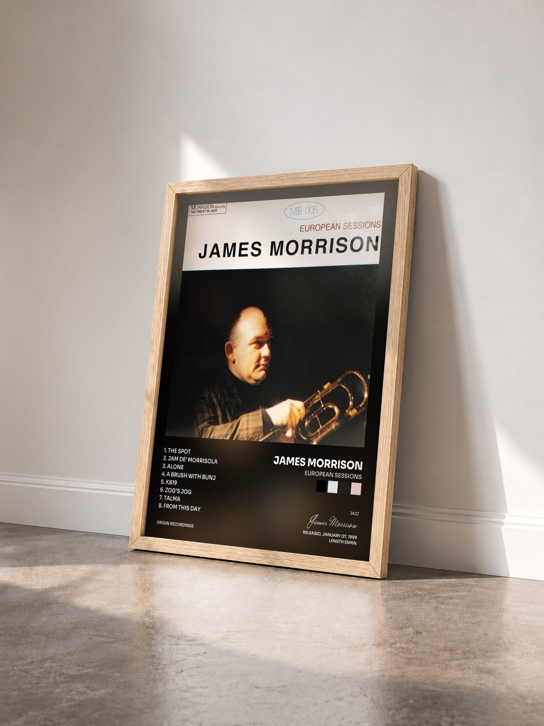 #bois Tableau de l'album European Sessions de James Morrison vu de trois quarts, cadre en bois brut