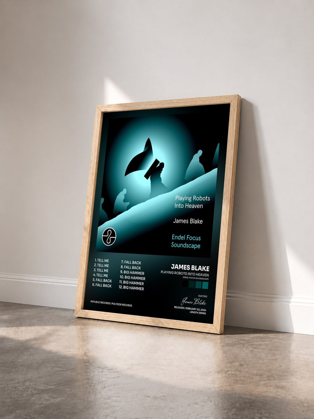 #bois Tableau de l'album Playing Robots Into Heaven (Endel Focus Soundscape) de James Blake vu de trois quarts, cadre en bois brut