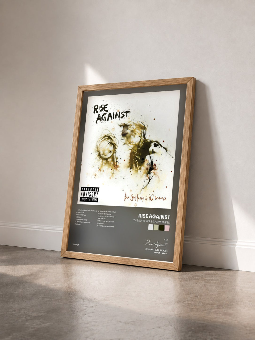 #bois Tableau de l'album The Sufferer & The Witness de Rise Against vu de trois quarts, cadre en bois brut