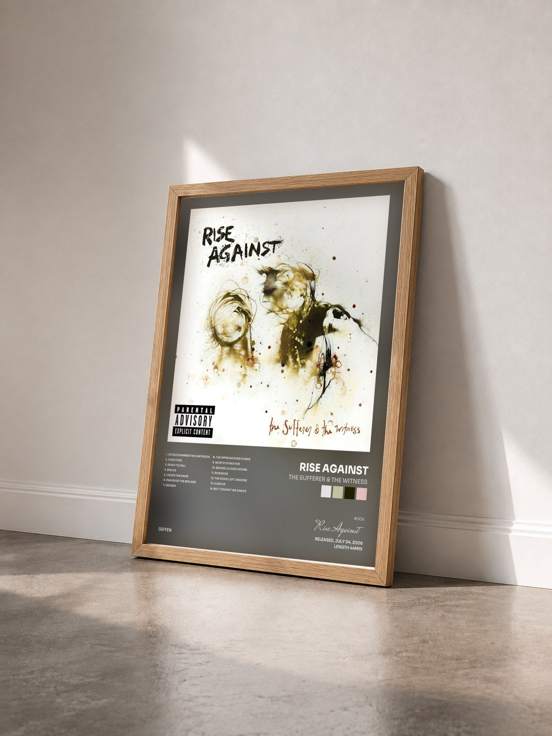 #bois Tableau de l'album The Sufferer & The Witness de Rise Against vu de trois quarts, cadre en bois brut