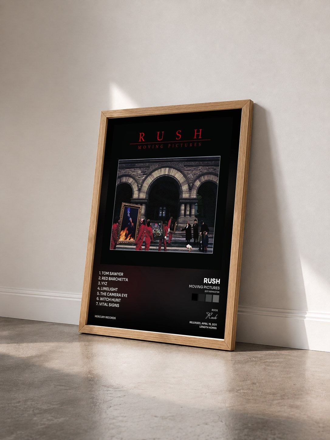 #bois Tableau de l'album Moving Pictures (2011 Remaster) de Rush vu de trois quarts, cadre en bois brut