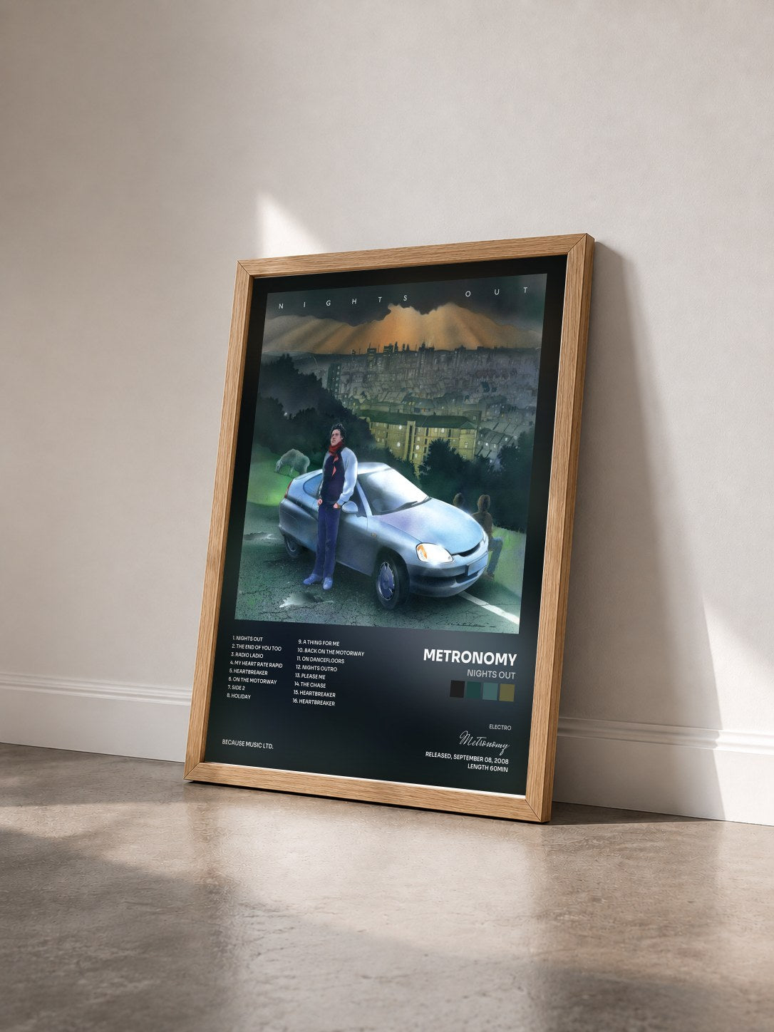 #bois Tableau de l'album Nights Out de Metronomy vu de trois quarts, cadre en bois brut