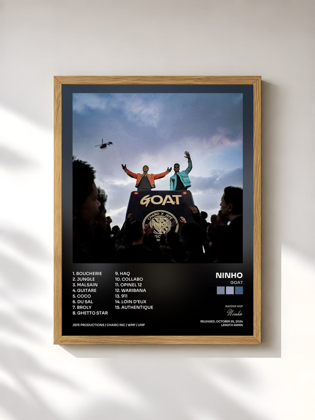 #bois Tableau de l'album GOAT de Ninho, cadre en bois brut, imprimé et encadré en France