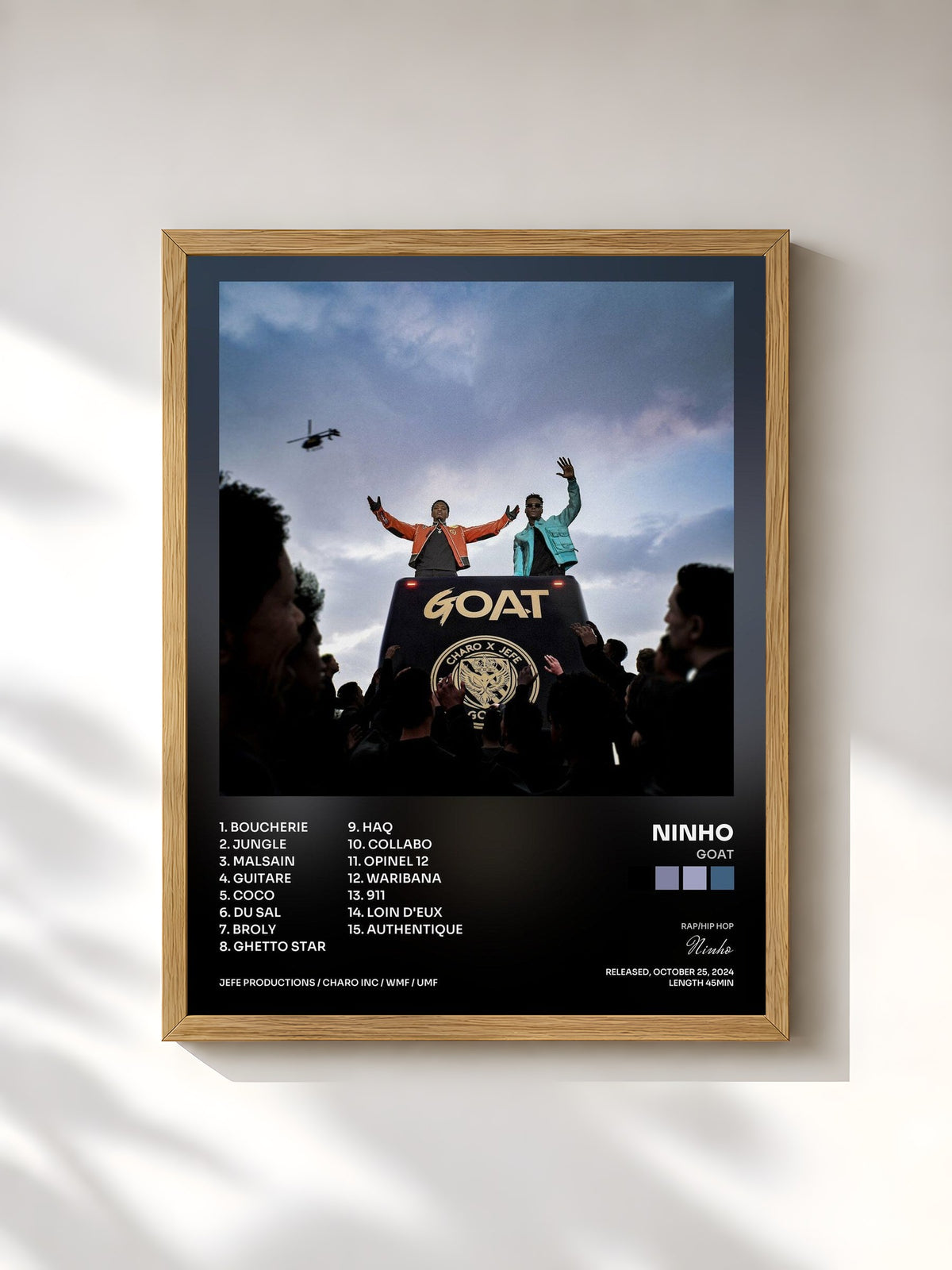 #bois Tableau de l'album GOAT de Ninho, cadre en bois brut, imprimé et encadré en France