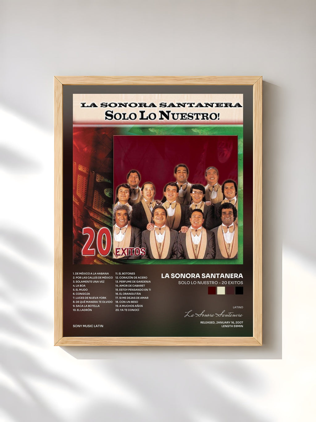 #bois Tableau de l'album Solo Lo Nuestro - 20 Exitos de La Sonora Santanera, cadre en bois brut, imprimé et encadré en France