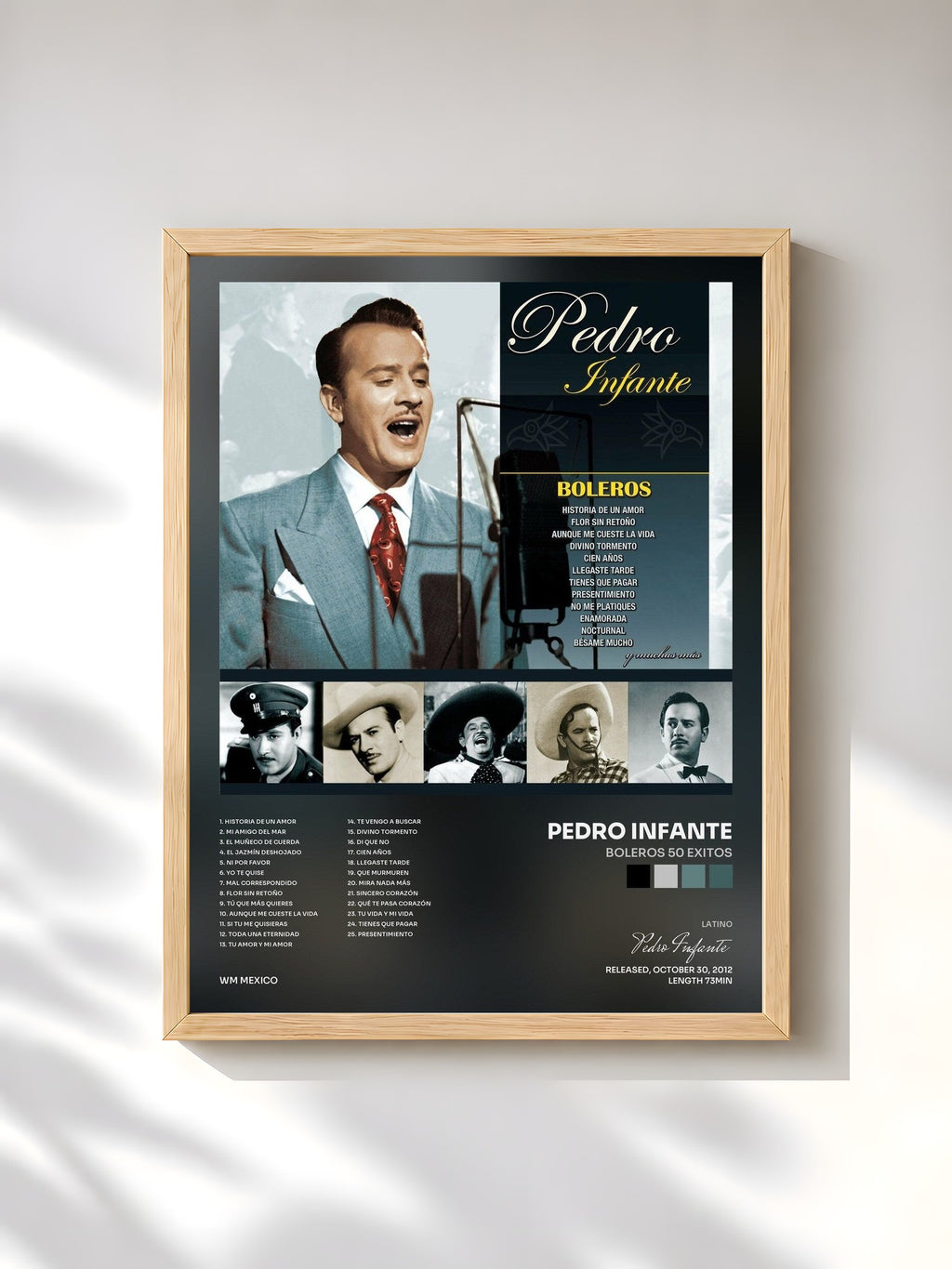 #bois Tableau de l'album Boleros 50 Exitos de Pedro Infante, cadre en bois brut, imprimé et encadré en France