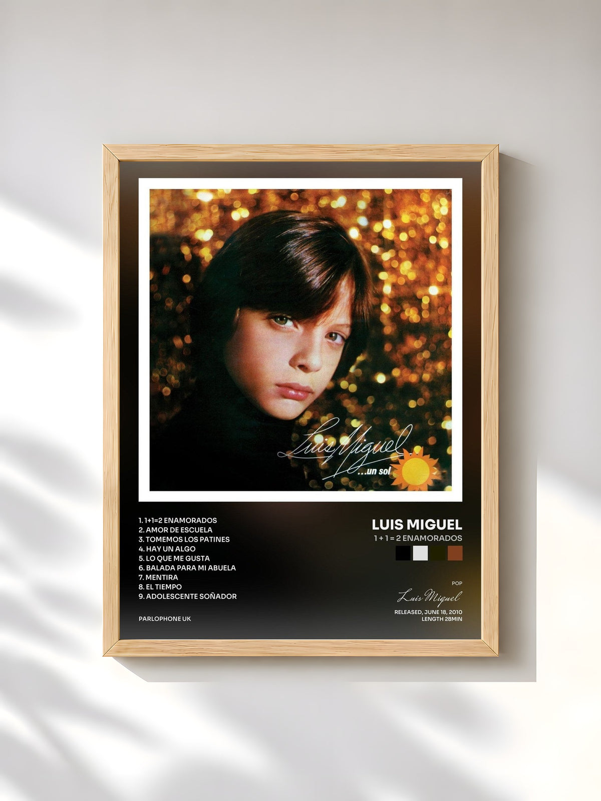 #bois Tableau de l'album 1 + 1 = 2 Enamorados de Luis Miguel, cadre en bois brut, imprimé et encadré en France