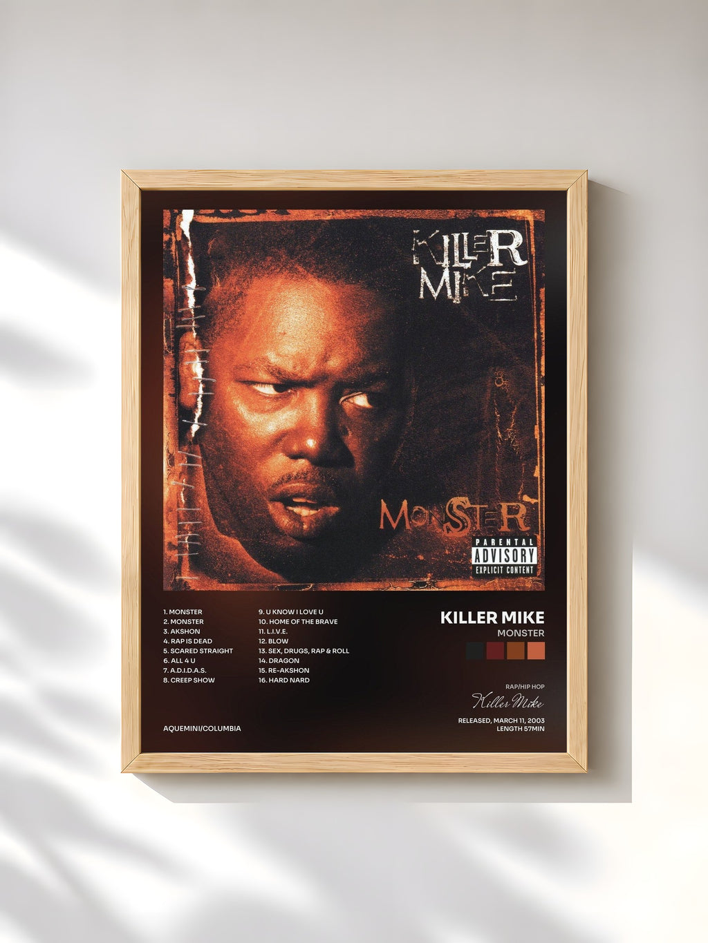 #bois Tableau de l'album Monster de Killer Mike, cadre en bois brut, imprimé et encadré en France