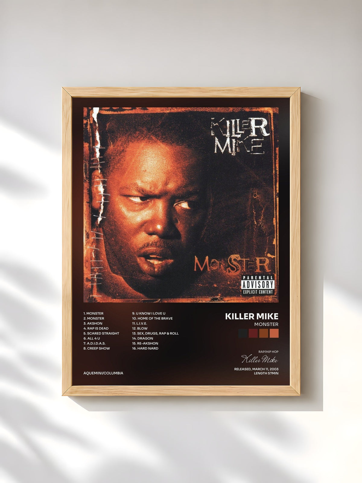 #bois Tableau de l'album Monster de Killer Mike, cadre en bois brut, imprimé et encadré en France