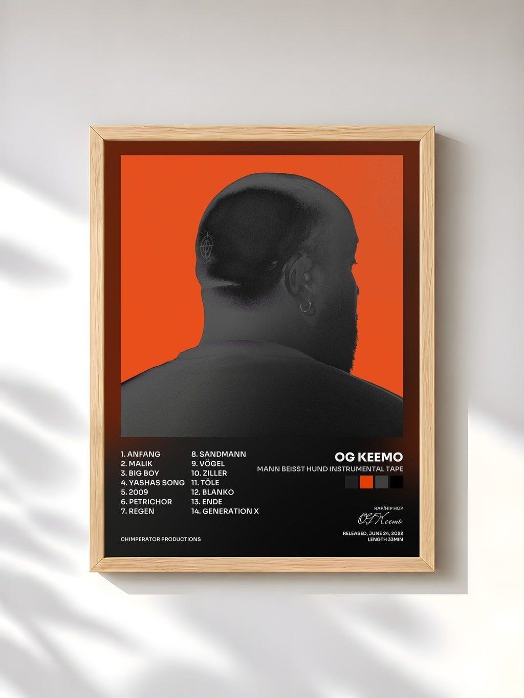 #bois Tableau de l'album Mann Beisst Hund Instrumental Tape de OG Keemo, cadre en bois brut, imprimé et encadré en France