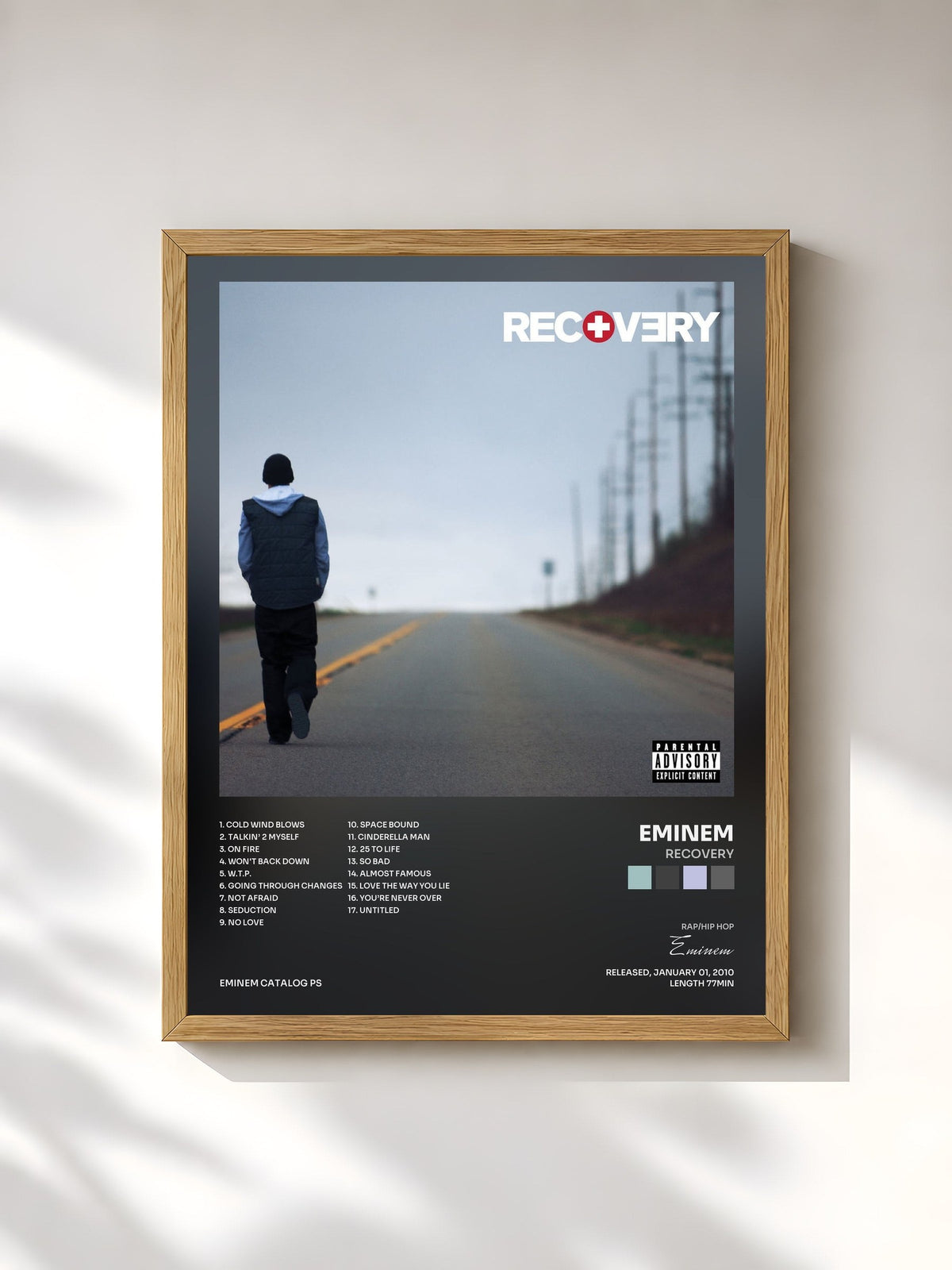 #bois Tableau de l'album Recovery de Eminem, cadre en bois brut, imprimé et encadré en France