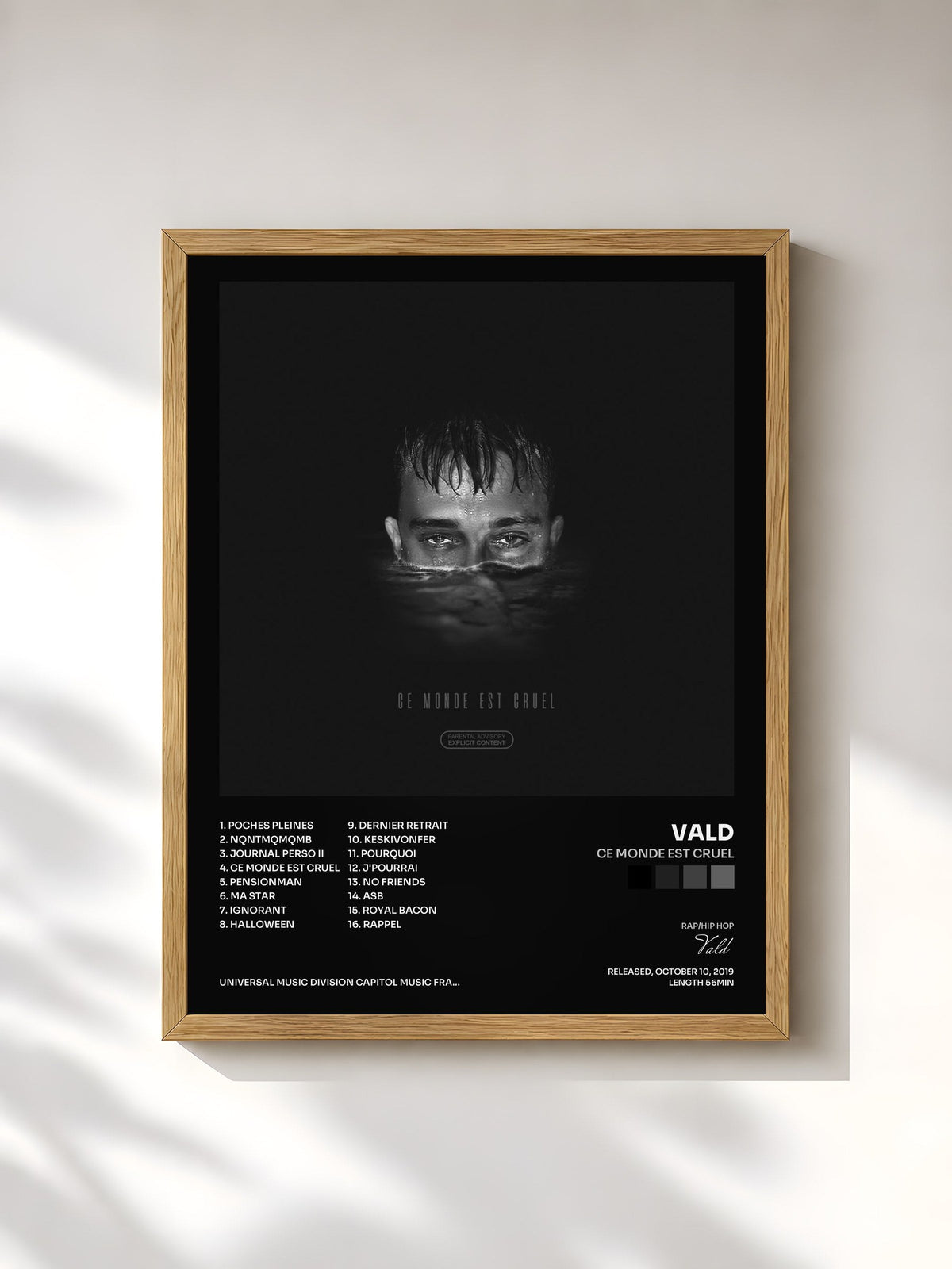 #bois Tableau de l'album Ce monde est cruel de Vald, cadre en bois brut, imprimé et encadré en France