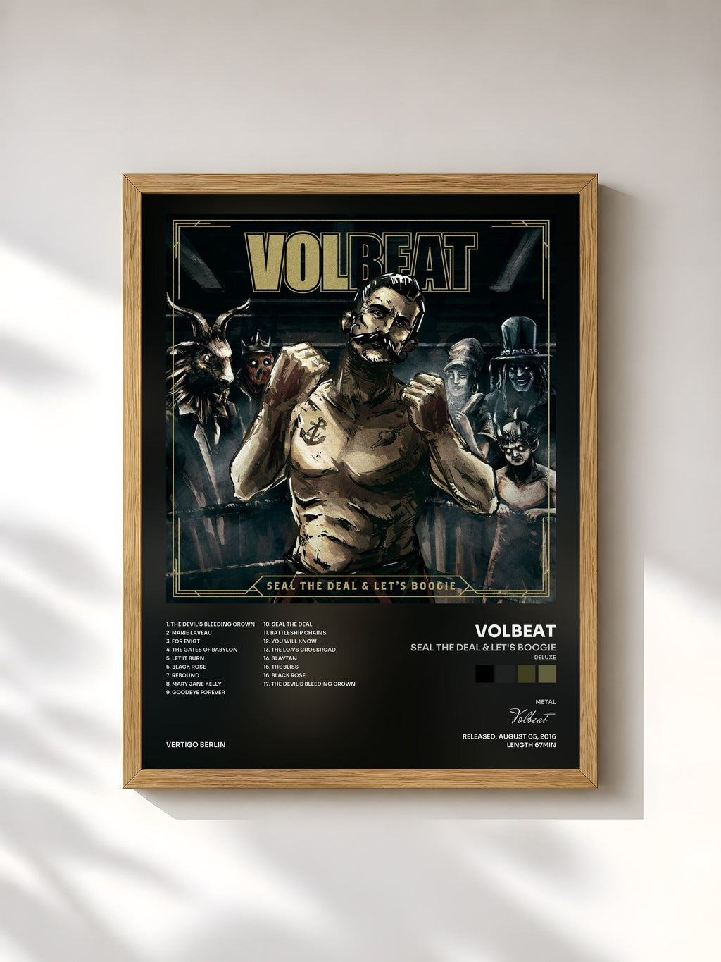 #bois Tableau de l'album Seal The Deal & Let's Boogie (Deluxe) de Volbeat, cadre en bois brut, imprimé et encadré en France