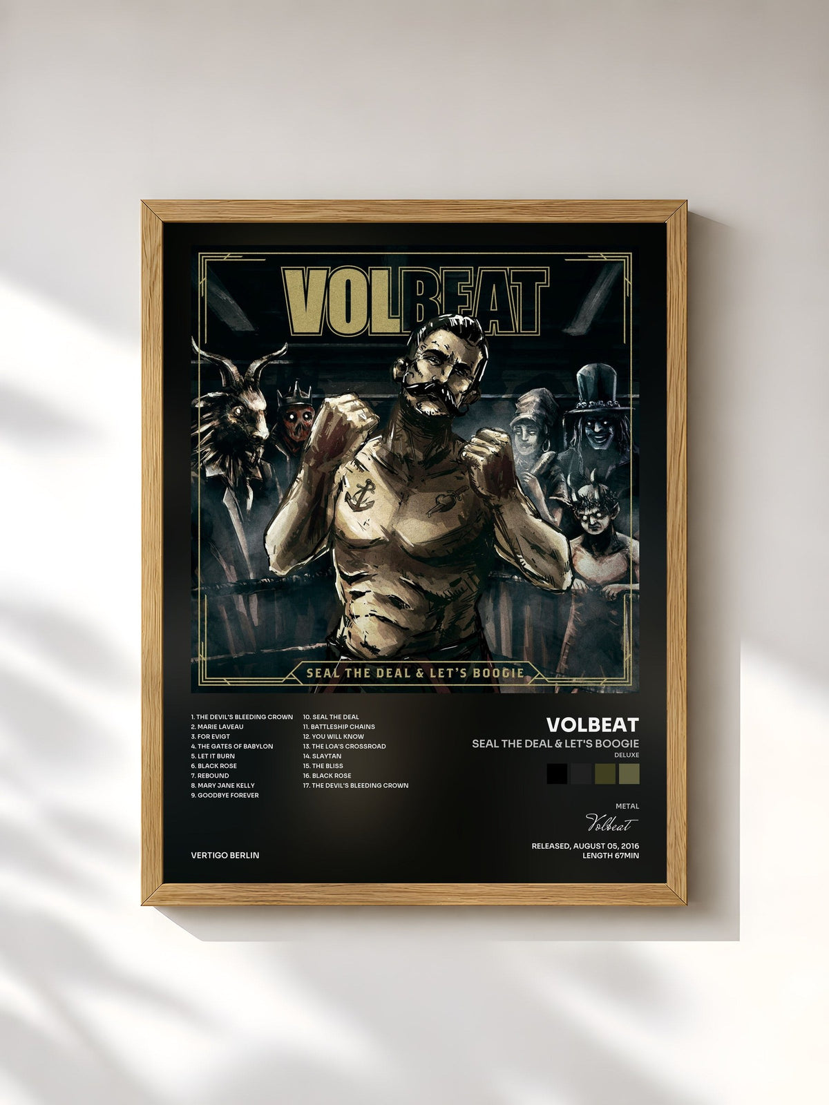 #bois Tableau de l'album Seal The Deal & Let's Boogie (Deluxe) de Volbeat, cadre en bois brut, imprimé et encadré en France