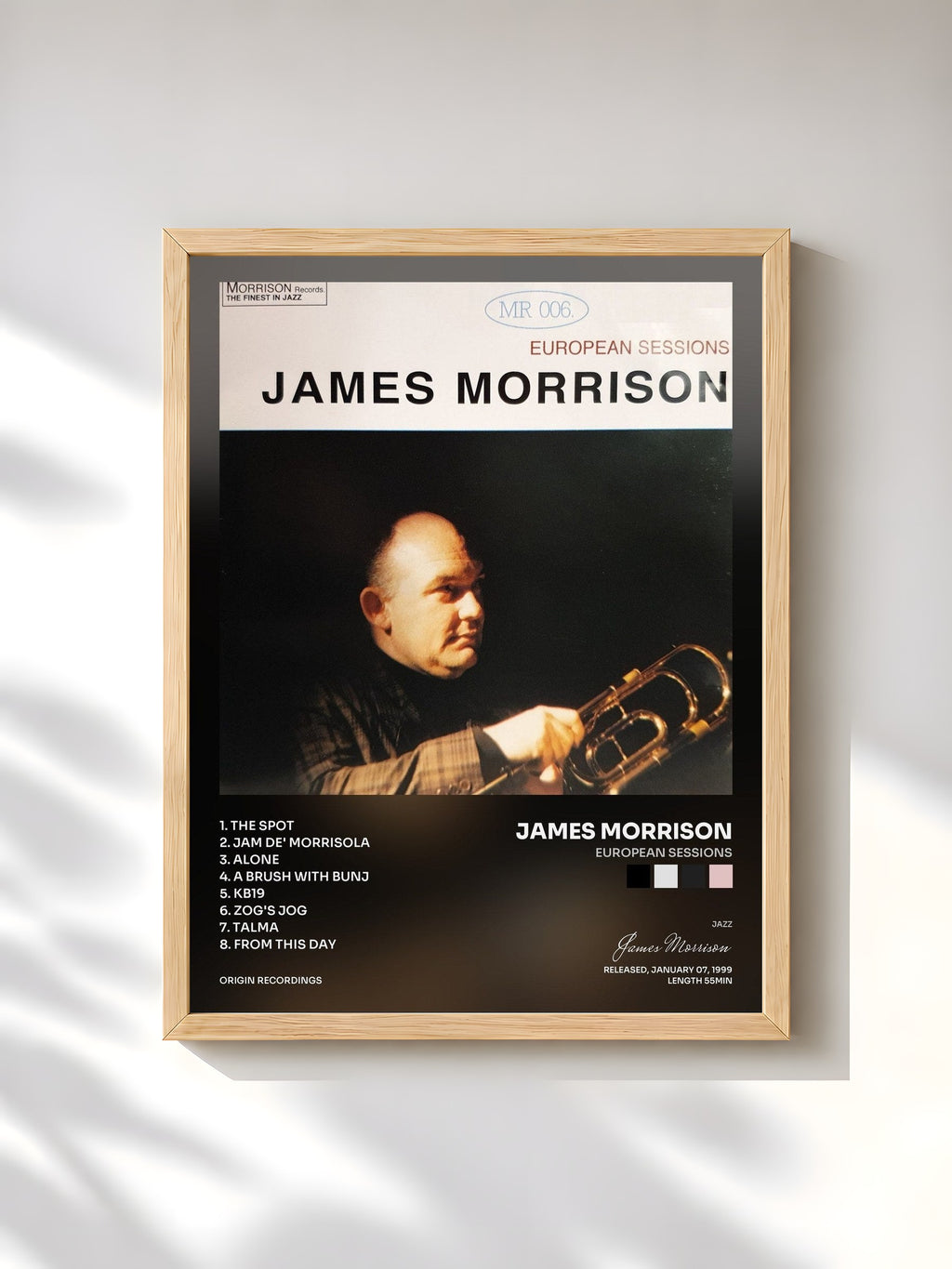 #bois Tableau de l'album European Sessions de James Morrison, cadre en bois brut, imprimé et encadré en France