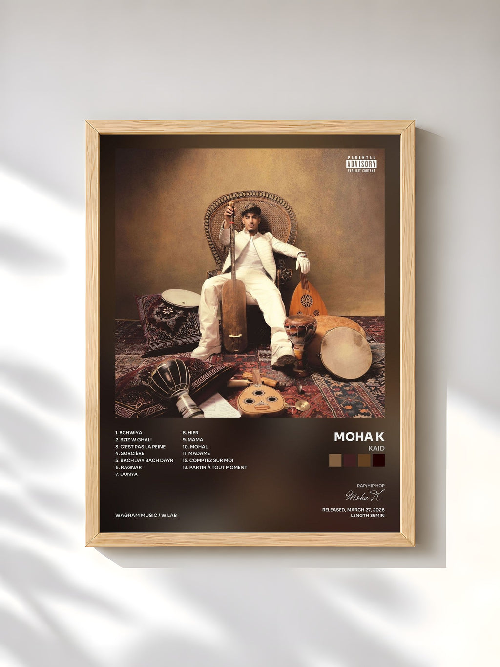 #bois Tableau de l'album KAID de Moha K, cadre en bois brut, imprimé et encadré en France