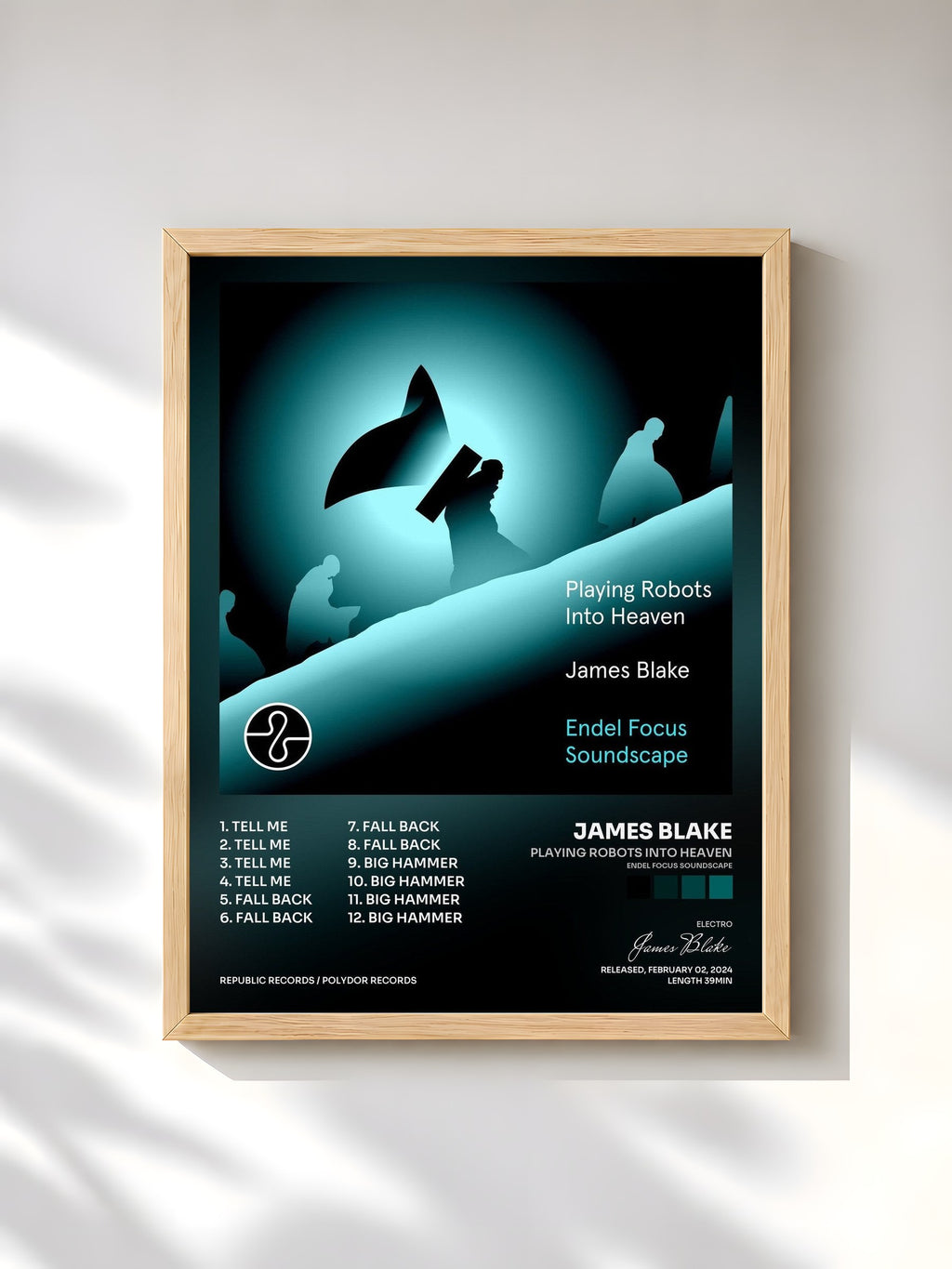 #bois Tableau de l'album Playing Robots Into Heaven (Endel Focus Soundscape) de James Blake, cadre en bois brut, imprimé et encadré en France
