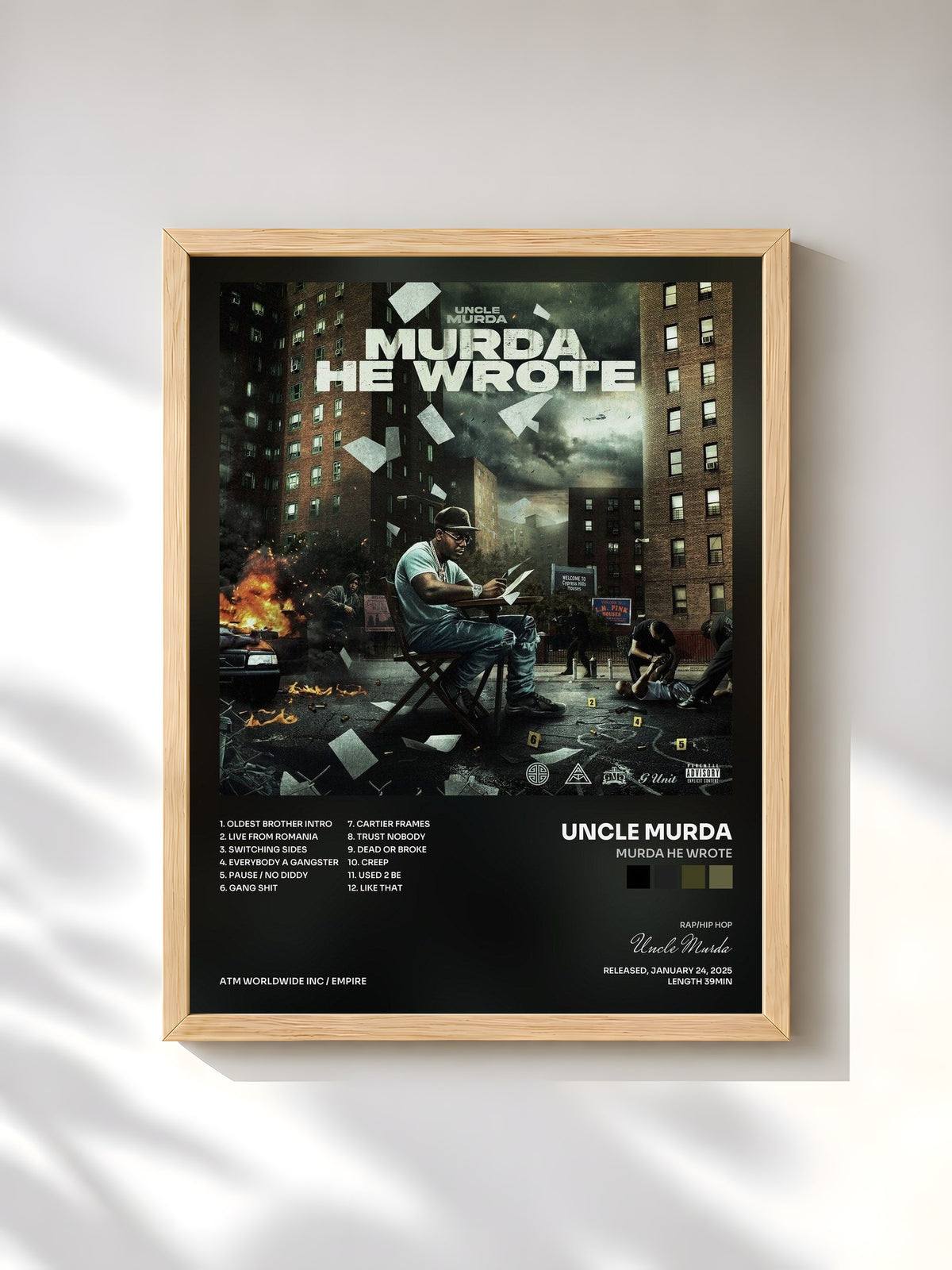#bois Tableau de l'album MURDA HE WROTE de Uncle Murda, cadre en bois brut, imprimé et encadré en France