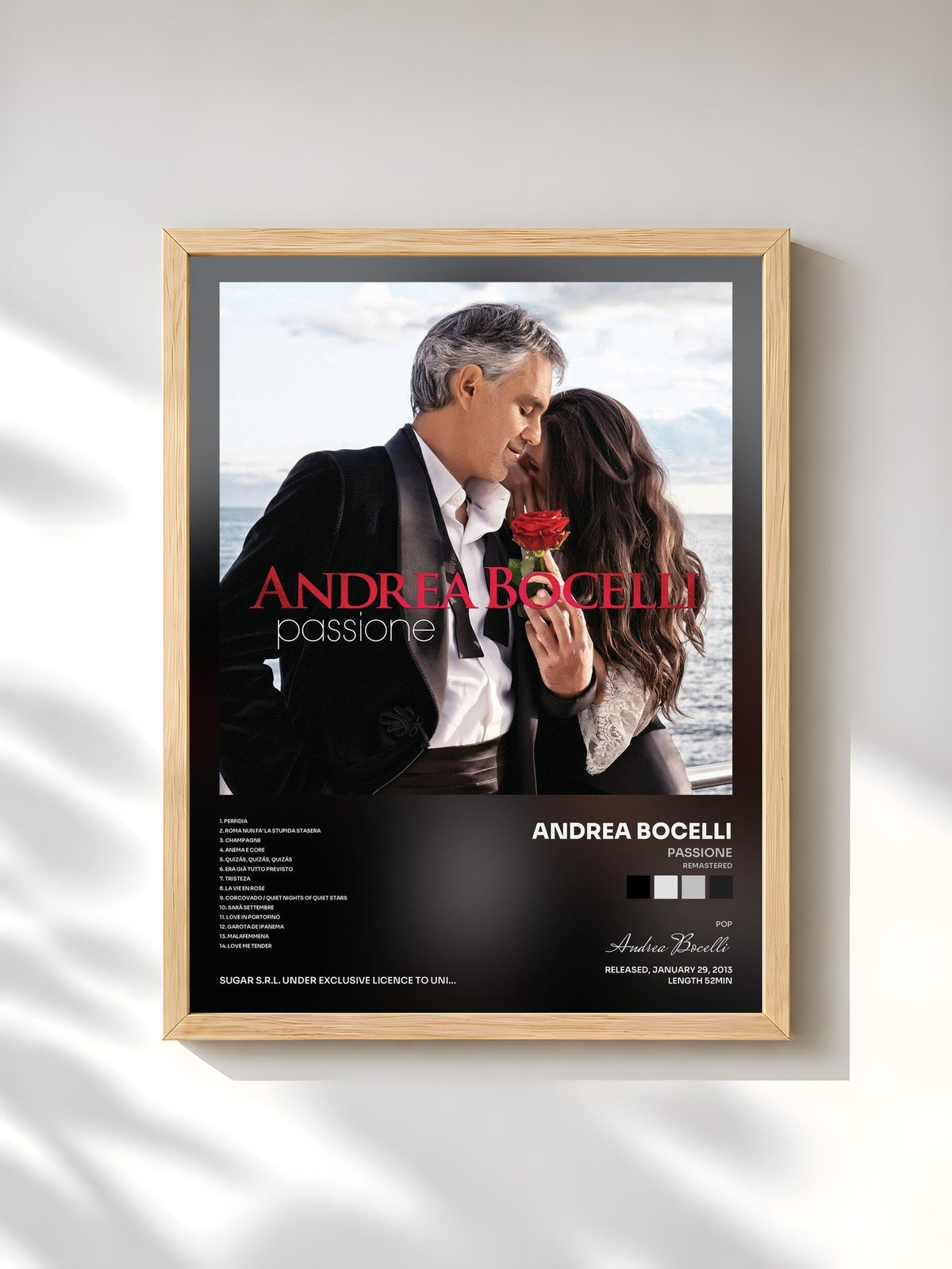 #bois Tableau de l'album Passione (Remastered) de Andrea Bocelli, cadre en bois brut, imprimé et encadré en France