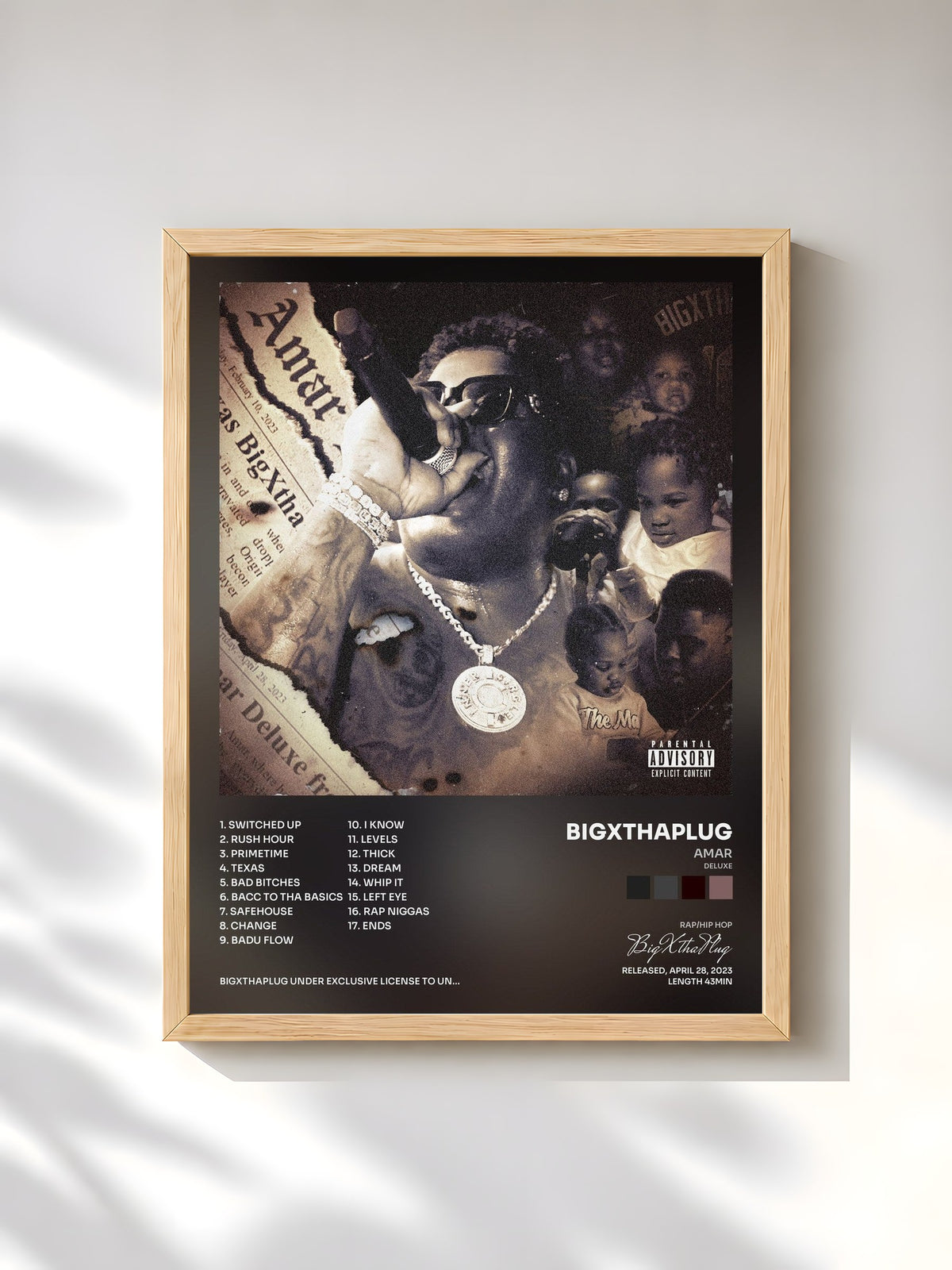 #bois Tableau de l'album AMAR (Deluxe) de BigXthaPlug, cadre en bois brut, imprimé et encadré en France