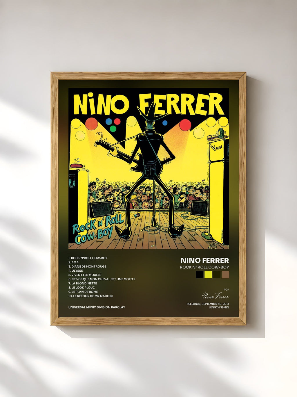 #bois Tableau de l'album Rock N' Roll Cow-Boy de Nino Ferrer, cadre en bois brut, imprimé et encadré en France