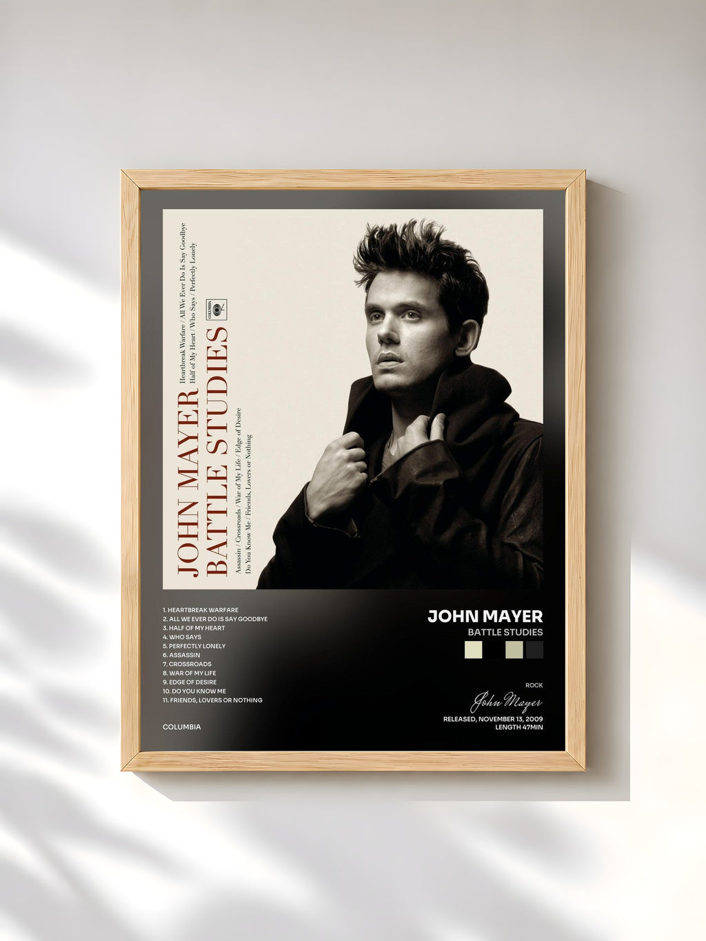 #bois Tableau de l'album Battle Studies de John Mayer, cadre en bois brut, imprimé et encadré en France