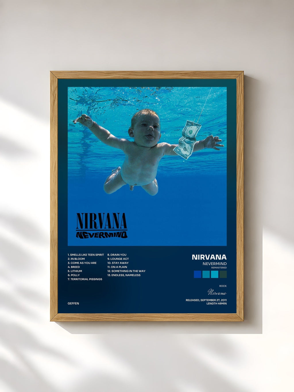 #bois Tableau de l'album Nevermind (Remastered) de Nirvana, cadre en bois brut, imprimé et encadré en France