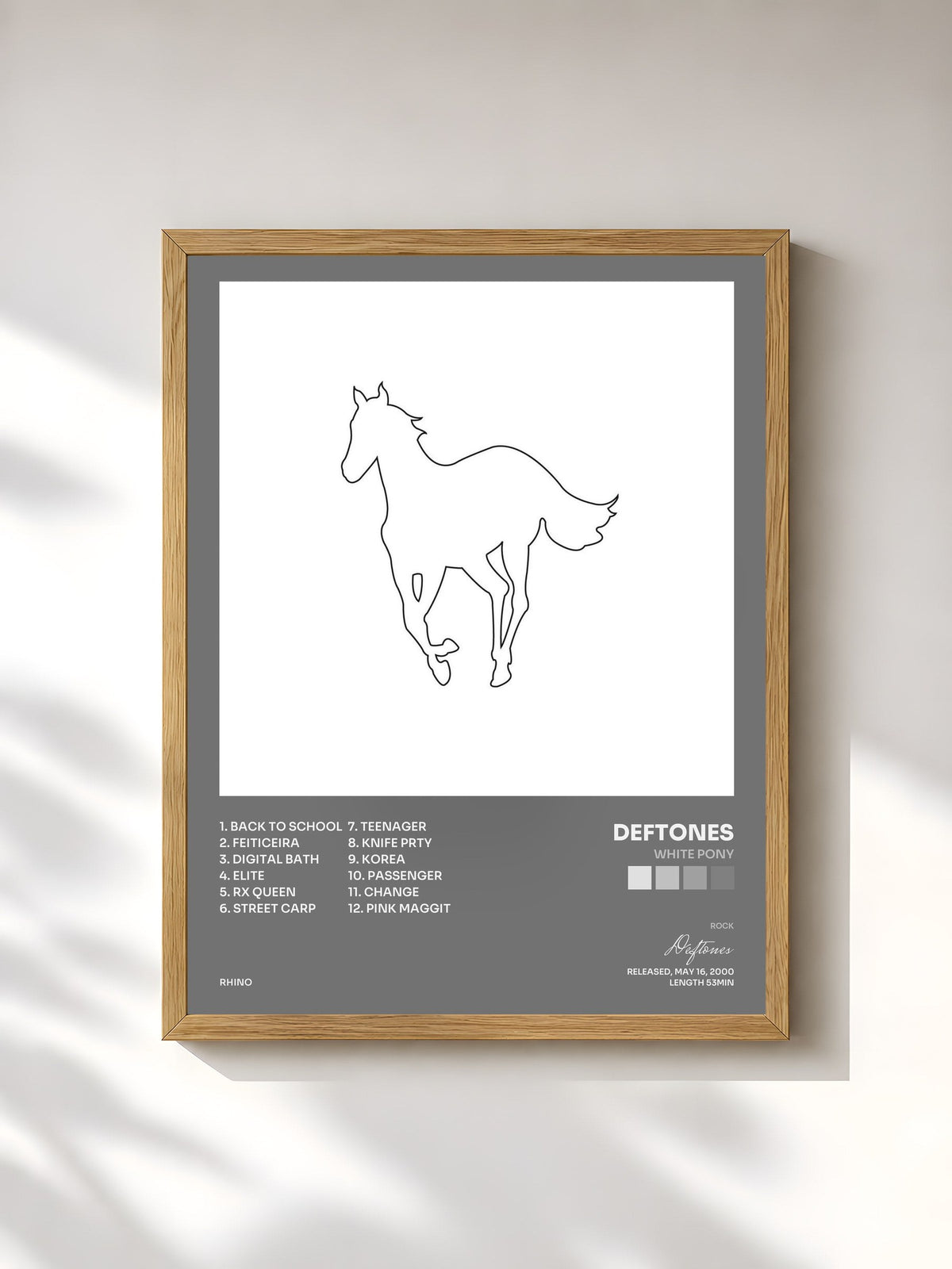 #bois Tableau de l'album White Pony de Deftones, cadre en bois brut, imprimé et encadré en France