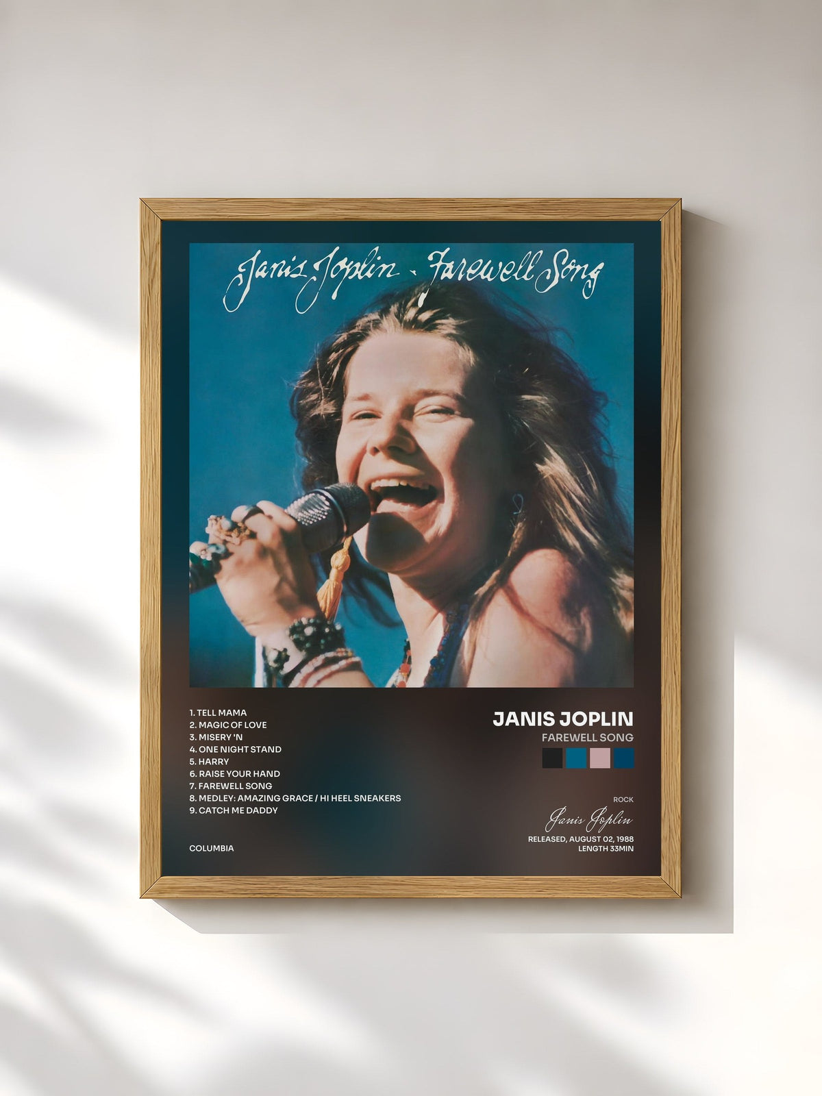 #bois Tableau de l'album Farewell Song de Janis Joplin, cadre en bois brut, imprimé et encadré en France