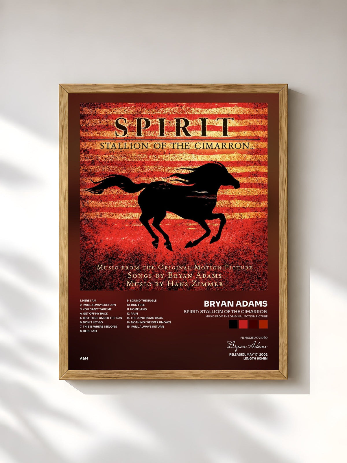 #bois Tableau de l'album Spirit: Stallion Of The Cimarron (Music From The Original Motion Picture) de Bryan Adams, cadre en bois brut, imprimé et encadré en France