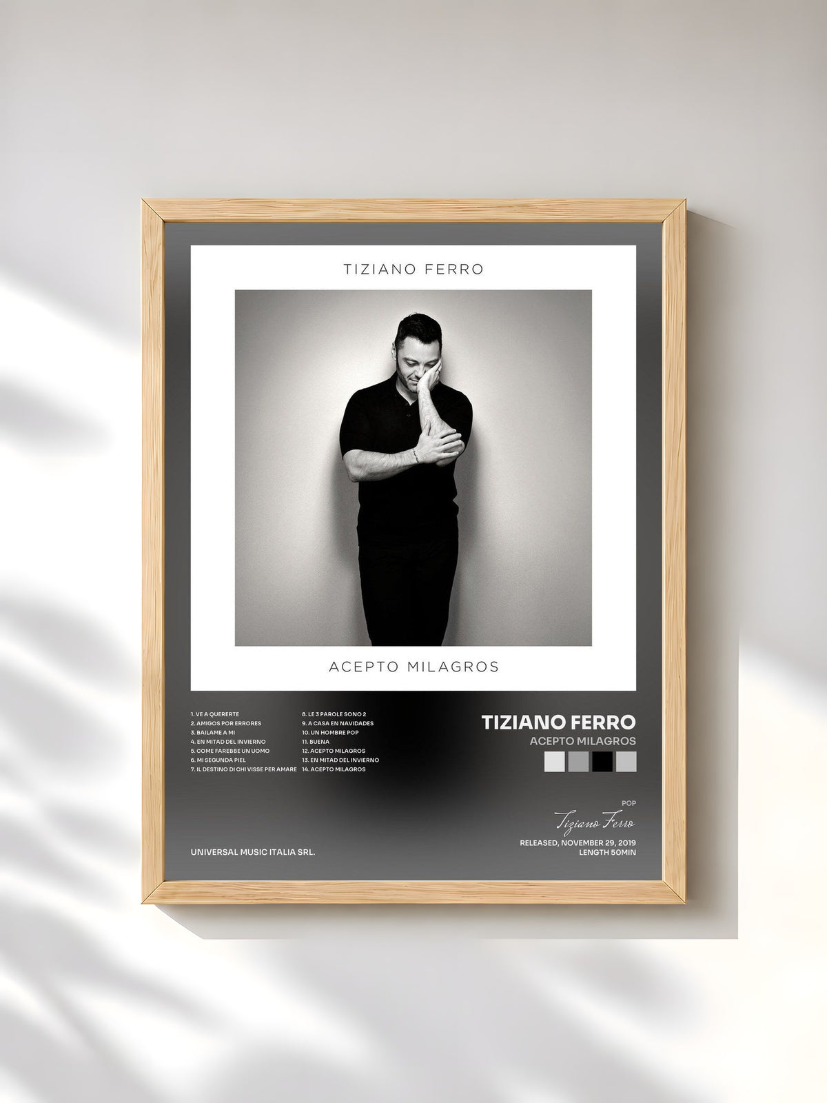 #bois Tableau de l'album Acepto Milagros de Tiziano Ferro, cadre en bois brut, imprimé et encadré en France
