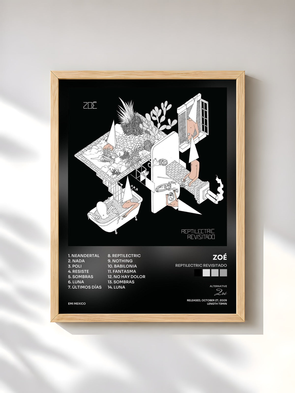 #bois Tableau de l'album Reptilectric Revisitado de Zoé, cadre en bois brut, imprimé et encadré en France