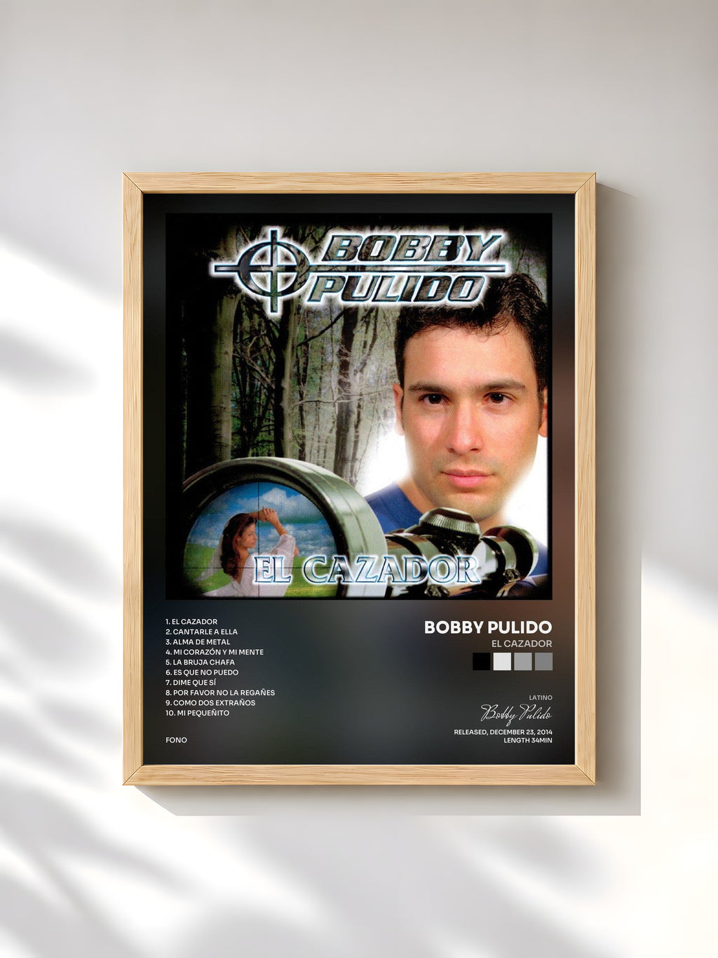 #bois Tableau de l'album El Cazador de Bobby Pulido, cadre en bois brut, imprimé et encadré en France