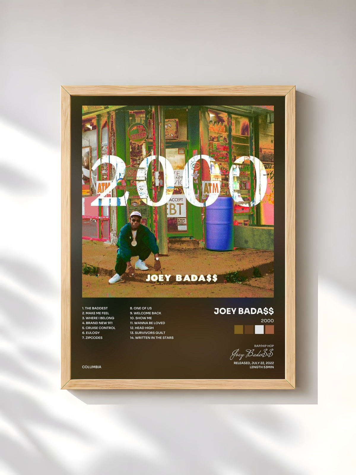 #bois Tableau de l'album 2000 de Joey Bada$$, cadre en bois brut, imprimé et encadré en France